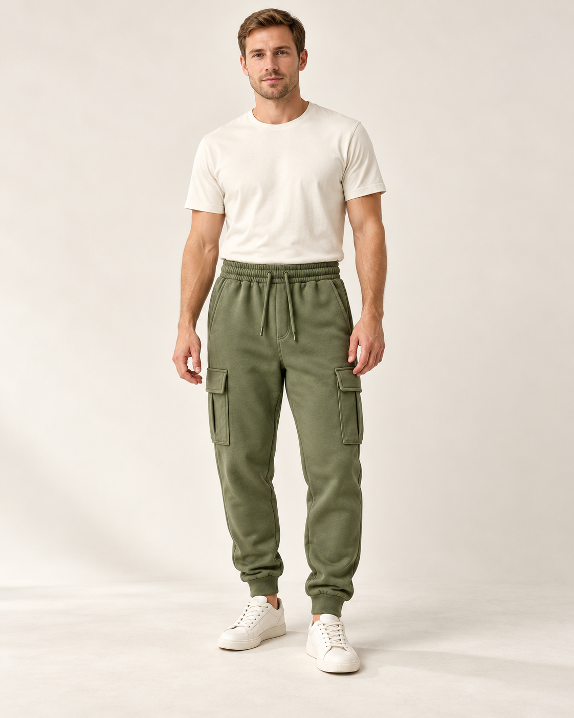 Adult man wearing the COMMON FORM Men's Cargo Trackpants in Olive.