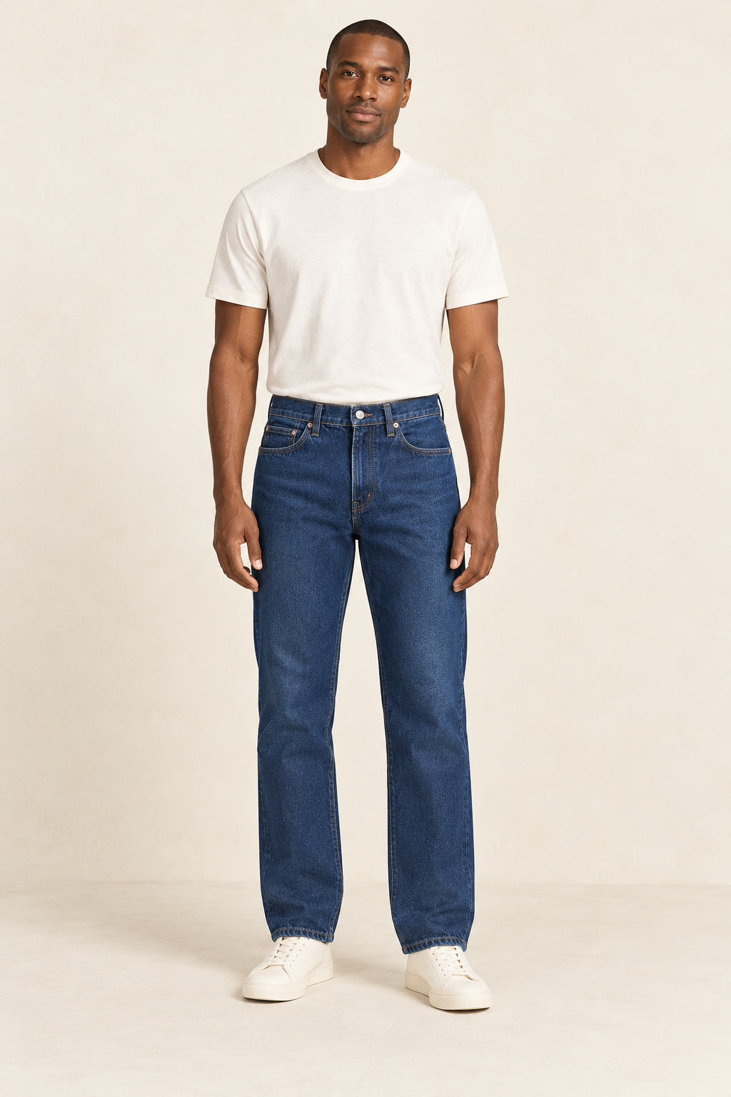 Adult man wearing the COMMON FORM Men's Straight Leg Jean in Indigo.