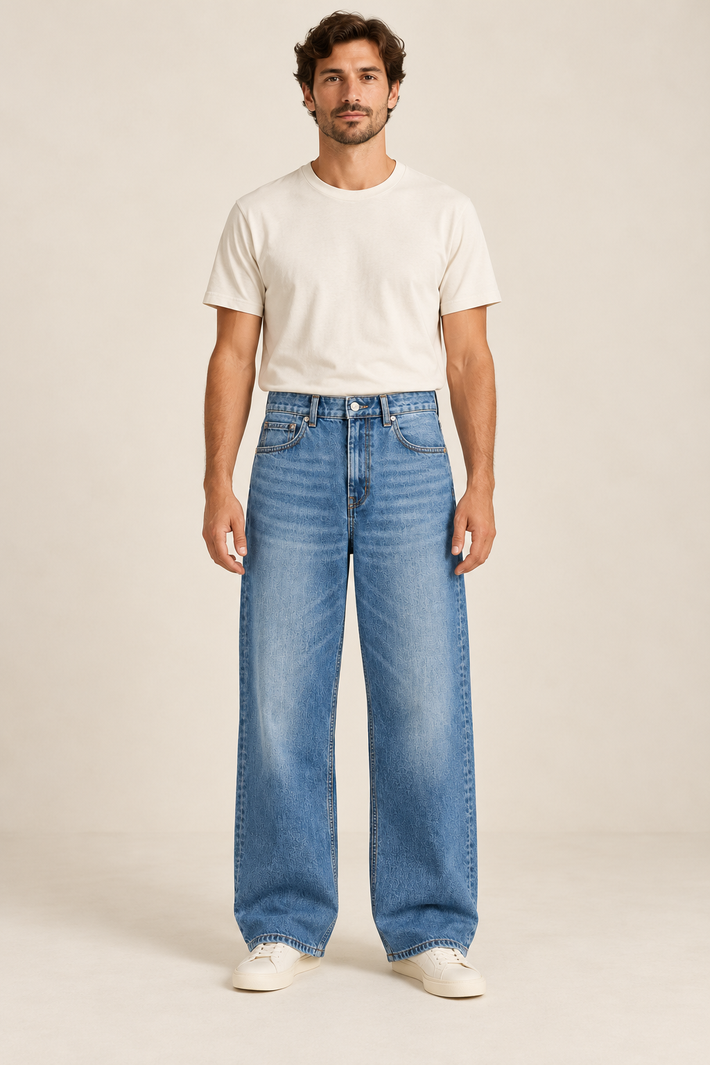 Adult man wearing the COMMON FORM Men's Wide Leg Jean in Mid Blue.