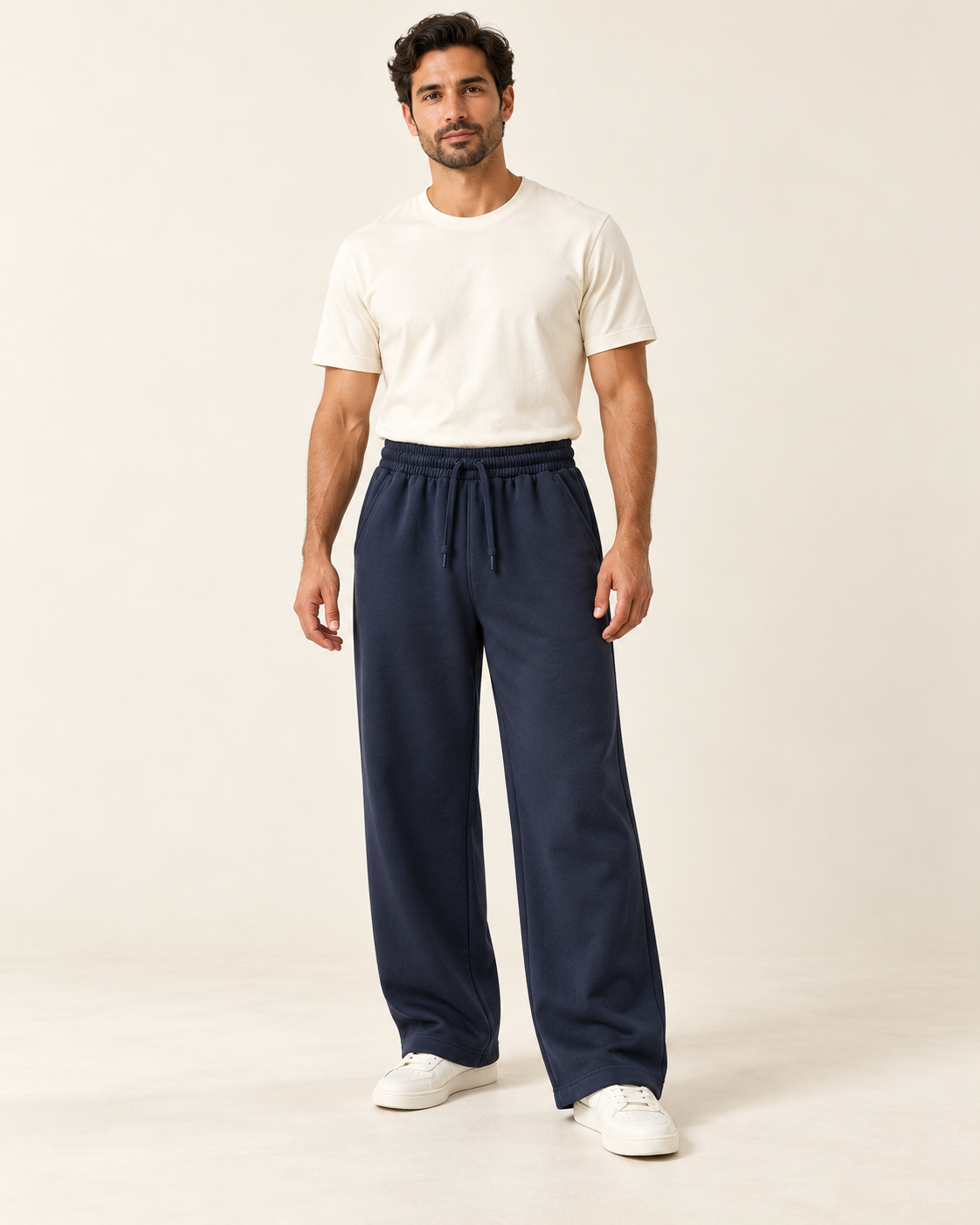 Adult man wearing the COMMON FORM Men's Wide Leg Trackpants in Navy.