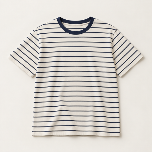 COMMON FORM Stripe Crew Tee in Cream / Navy