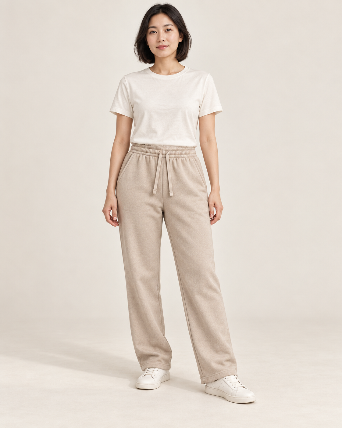 Adult woman wearing the COMMON FORM Women's Straight Trackpants in Stone.